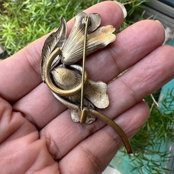 Antique Art Nouveau Brooch Calla Lily Flowers Large C‎ Clasp Closure 2.25" - Picture 3 of 11